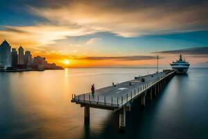 a pier with a boat in the water at sunset. AI-Generated photo