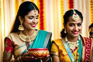 two women in traditional indian attire holding a bowl. AI-Generated photo