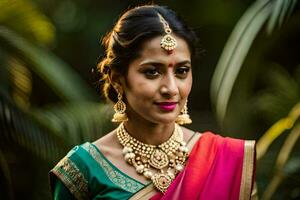 a beautiful indian bride in a pink and green sari. AI-Generated photo