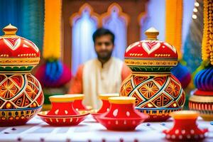 a man in an indian outfit sits in front of colorful vases. AI-Generated photo