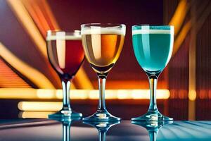 three glasses of different colored drinks on a table. AI-Generated photo