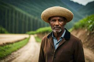 a man wearing a straw hat stands on a dirt road. AI-Generated photo