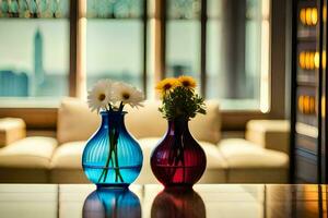 two vases with flowers sitting on a table in front of a window. AI-Generated photo