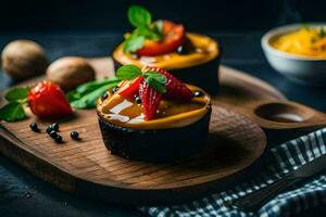 two small cakes with strawberries and nuts on a wooden cutting board. AI-Generated photo