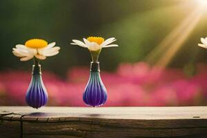 three daisies in vases on a wooden table. AI-Generated photo