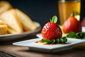 two strawberries on white plates with sauce and bread. AI-Generated photo