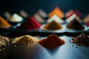 various spices and spices on a table. AI-Generated photo