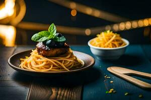 spaghetti with meat and blueberry sauce on a wooden table. AI-Generated photo