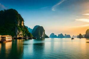 the sun sets over the water in halong bay, vietnam. AI-Generated photo