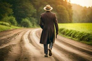 a man in a hat and coat walking down a dirt road. AI-Generated photo