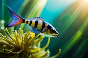 un pescado con un brillante azul y amarillo raya es nadando cerca un planta. generado por ai foto