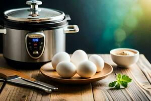 an electric pressure cooker with eggs and a knife. AI-Generated photo
