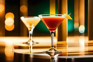 two cocktails sit on a table in front of a bright light. AI-Generated photo