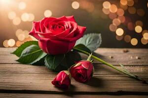two red roses on a wooden table with bokeh lights. AI-Generated photo