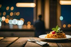 spaghetti on a plate with a view of the city. AI-Generated photo