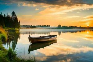 a boat is floating on the calm lake at sunset. AI-Generated photo