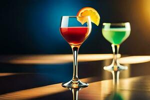 two glasses of colorful drinks sit on a table. AI-Generated photo