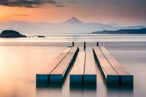 a wooden dock in the water with mountains in the background. AI-Generated photo