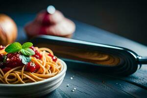 spaghetti with tomatoes and basil on a wooden table. AI-Generated photo