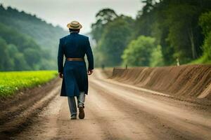 a man in a blue suit and hat walking down a dirt road. AI-Generated photo