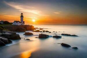 a lighthouse is seen at sunset on the coast. AI-Generated photo