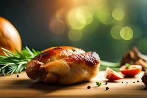 a chicken breast on a wooden cutting board with herbs and spices. AI-Generated photo