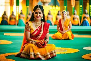 a woman in a traditional sari sitting on the floor. AI-Generated photo