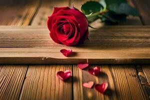 red rose on a wooden table with hearts. AI-Generated photo