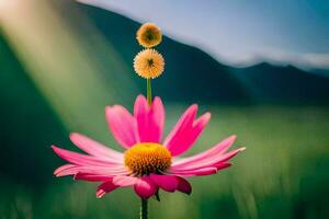 a pink flower with a yellow center in front of a green field. AI-Generated photo