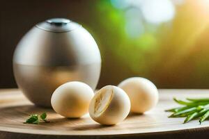 eggs on a wooden table next to a silver egg. AI-Generated photo