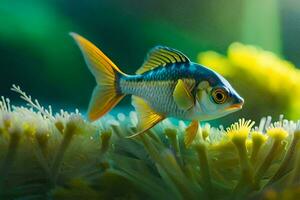 un pescado es en pie en parte superior de un planta. generado por ai foto