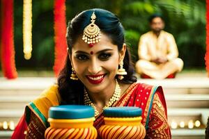 a beautiful indian bride holding a pot. AI-Generated photo