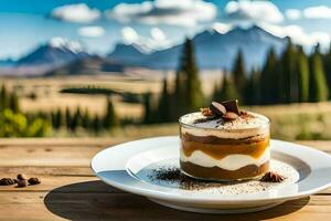 a dessert on a plate with mountains in the background. AI-Generated photo