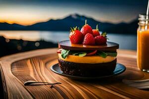 a dessert with strawberries and chocolate on a table. AI-Generated photo