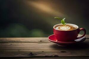 a cup of coffee with a leaf on top. AI-Generated photo