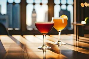 two cocktails sit on a table in front of a cityscape. AI-Generated photo