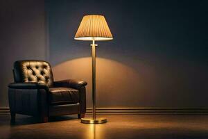 a chair and lamp in a dark room. AI-Generated photo