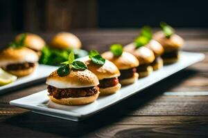 small sliders on white plates with meat and herbs. AI-Generated photo