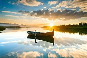 un barco es flotante en el agua a puesta de sol. generado por ai foto