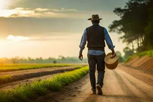 un hombre caminando abajo un suciedad la carretera con un sombrero. generado por ai foto