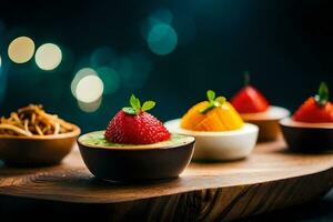 a wooden tray with four small bowls of dessert. AI-Generated photo