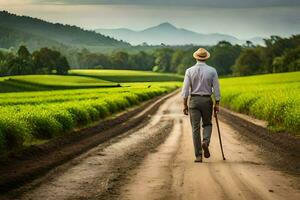 a man walking down a dirt road in a field. AI-Generated photo