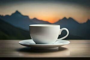 a cup of coffee on a table with mountains in the background. AI-Generated photo