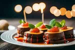 small cakes with strawberries and chocolate on a plate. AI-Generated photo