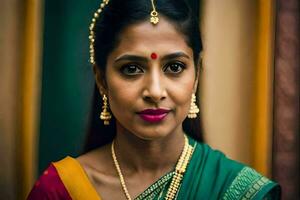 a woman in a sari with gold jewelry and red lipstick. AI-Generated photo