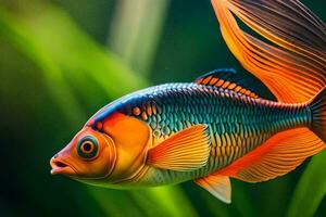 an orange and blue fish swimming in an aquarium. AI-Generated photo