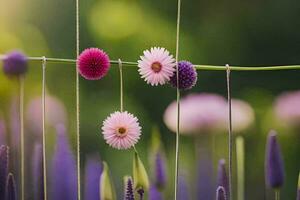 purple flowers hanging from a wire. AI-Generated photo