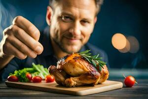 un hombre es participación un pollo en un corte tablero. generado por ai foto