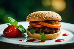 a hamburger with tomatoes and a strawberry on a plate. AI-Generated photo