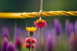 un amarillo cuerda con un flor en él. generado por ai foto